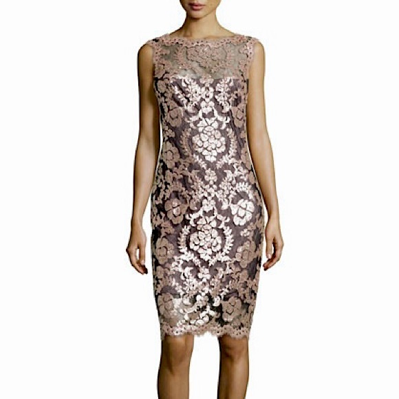 Tadashi Shoji gray lace illusion high neck cocktail dress gold sequins size 10 - Picture 2 of 11